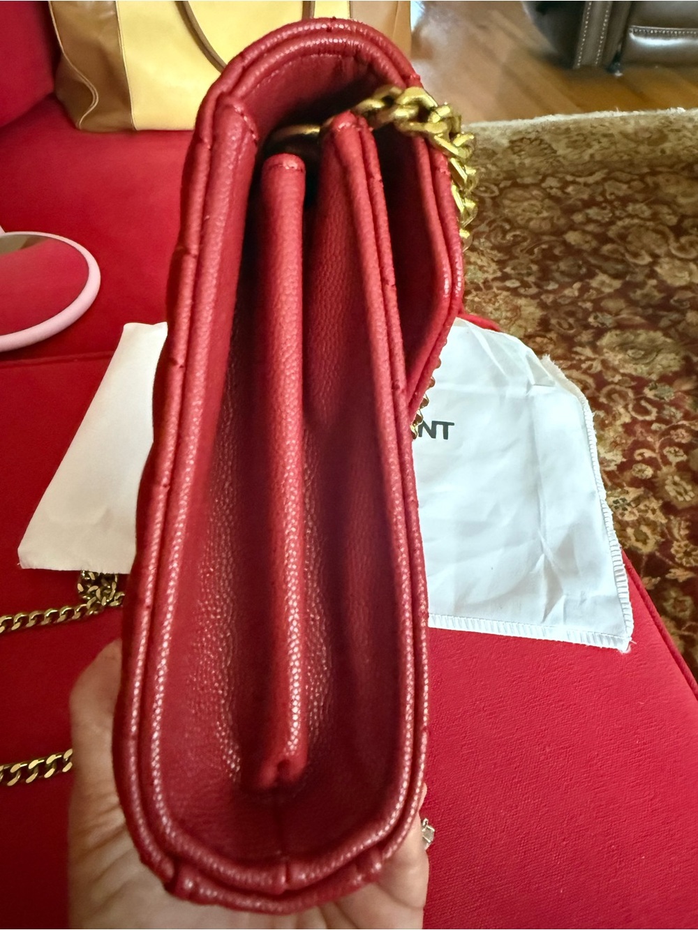 Yves Saint Lauren red leather clutch with gold chain. - Picture 6 of 7